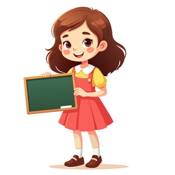 A cheerful cartoon girl with twotone hair in a red dress smiling while holding a blank whiteboard.