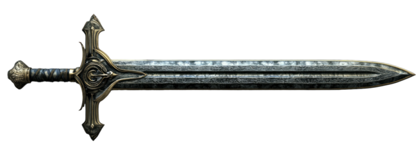 Ornate sword with metallic blade, elaborate hilt, fantasy weapon