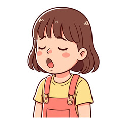 Obraz premium A sleepy cartoon girl with brown bob hair and rosy cheeks yawning while wearing pink overalls.