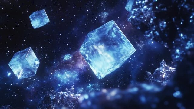 Abstract floating cubes in cosmic space with stars and nebulae