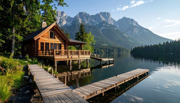 A serene log cabin perches on stilts above a tranquil lake, with wooden docks extending out. Majestic mountains form a dramatic backdrop