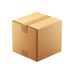A single closed cardboard box with brown packing tape on a transparent background in studio lighting
