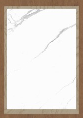 White marble surface with gray veining framed by wooden border