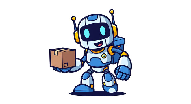 Friendly robot courier delivering package with a smile, symbolizing modern logistics and efficient delivery services.