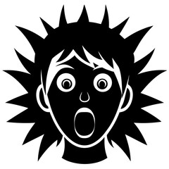 Black and white illustration of a surprised person with spiky hair and wide eyes and mouth open