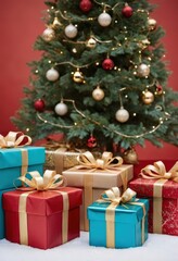Blue gift boxes with orange ribbons and Christmas tree on red background, festive holiday decoration scene.