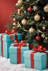 Blue gift boxes with orange ribbons and Christmas tree on red background, festive holiday decoration scene.