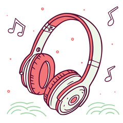 Abstract vector illustration of a musical design background with headphones, an artistic icon, and a symbolic sign.