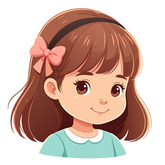 Obraz premium Adorable Cartoon Girl with Brown Hair Pink Bow and Cute Expression.
