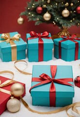 Blue gift boxes with orange ribbons and Christmas tree on red background, festive holiday decoration scene.
