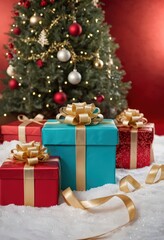 Blue gift boxes with orange ribbons and Christmas tree on red background, festive holiday decoration scene.