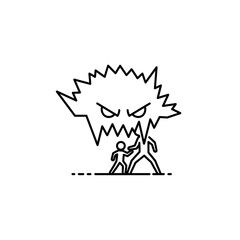 Two people facing a large monster in a line art illustration.