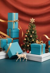 Blue gift boxes with orange ribbons and Christmas tree on red background, festive holiday decoration scene.
