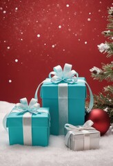 Blue gift boxes with orange ribbons and Christmas tree on red background, festive holiday decoration scene.