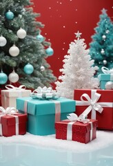 Blue gift boxes with orange ribbons and Christmas tree on red background, festive holiday decoration scene.