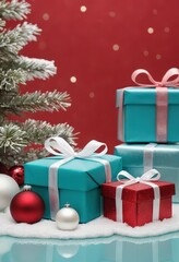 Blue gift boxes with orange ribbons and Christmas tree on red background, festive holiday decoration scene.