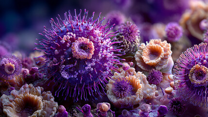 Viral particle among complex microbial forms representing infection risk and immune challenge, a concept of surveillance resilience and biomedical defense.
