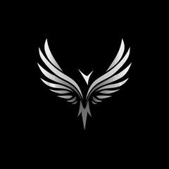 Obraz premium Elegant Silver Phoenix Logo with Majestic Wings on Black Background. Modern Metallic Bird Abstract Design Icon, Symbol of Power & Luxury.