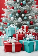 Blue gift boxes with orange ribbons and Christmas tree on red background, festive holiday decoration scene.
