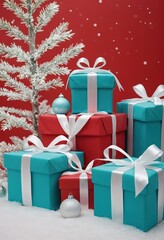 Blue gift boxes with orange ribbons and Christmas tree on red background, festive holiday decoration scene.