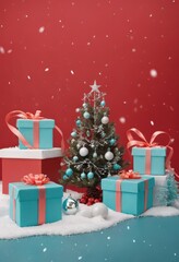 Blue gift boxes with orange ribbons and Christmas tree on red background, festive holiday decoration scene.