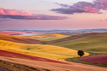 Obraz premium Concise Phrase: Golden sunset light illuminates the vast, rolling Palouse hills and a lone tree against a pink sky.