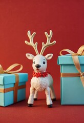 Blue gift boxes with orange ribbons and Christmas tree on red background, festive holiday decoration scene.