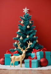 Blue gift boxes with orange ribbons and Christmas tree on red background, festive holiday decoration scene.