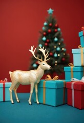 Blue gift boxes with orange ribbons and Christmas tree on red background, festive holiday decoration scene.