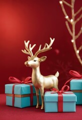 Blue gift boxes with orange ribbons and Christmas tree on red background, festive holiday decoration scene.