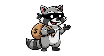 Cheerful raccoon bandit with money bag gives thumbs up, perfect for financial humor and marketing campaigns.