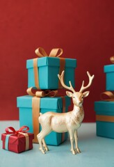 Blue gift boxes with orange ribbons and Christmas tree on red background, festive holiday decoration scene.