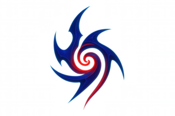 Abstract blue and red spiral symbol with sharp twisted shapes and flowing lines on transparent background