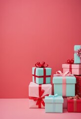 Blue gift boxes with orange ribbons and Christmas tree on red background, festive holiday decoration scene.