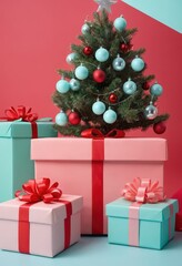 Blue gift boxes with orange ribbons and Christmas tree on red background, festive holiday decoration scene.