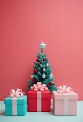 Blue gift boxes with orange ribbons and Christmas tree on red background, festive holiday decoration scene.