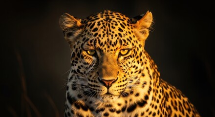 Fototapeta premium Leopard portrait, focused gaze, spots, sunset lighting, against dark background