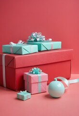 Blue gift boxes with orange ribbons and Christmas tree on red background, festive holiday decoration scene.