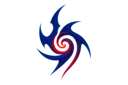 Abstract blue and red spiral symbol with sharp twisted shapes and flowing lines on transparent background