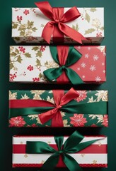 Christmas gift boxes with festive wrapping paper and satin ribbons on green background, holiday present decoration flat lay.