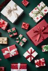 Christmas gift boxes with festive wrapping paper and satin ribbons on green background, holiday present decoration flat lay.
