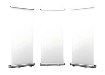 Three Blank White Roll Up Banner Stands for Promotional Advertising Display and Trade Show Events Realistic Vector Mockup Template