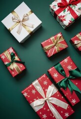 Christmas gift boxes with festive wrapping paper and satin ribbons on green background, holiday present decoration flat lay.