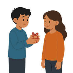 Obraz premium Boy Presenting a Red Gift Box with a Bow to a Girl.