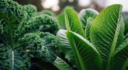 Lush kale and romaine lettuce plants thriving in a garden setting