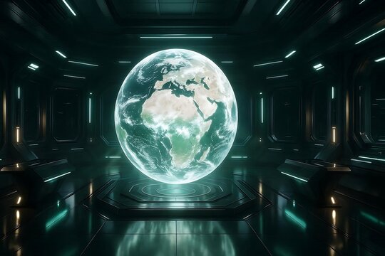 Explore the future with a vibrant, glowing Earth hologram in a sleek, modern, futuristic control room, perfect for technology, science, and global innovation concepts and designs