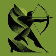 Archer aiming bow and arrow, abstract style, green background