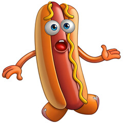 Funny hot dog character running away in fear
