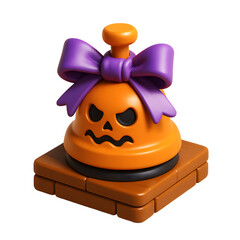3D Spooky bell with a purple ribbon on a wooden desk