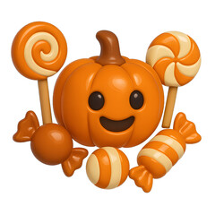 3D Smiling pumpkin surrounded by candies and lollipops